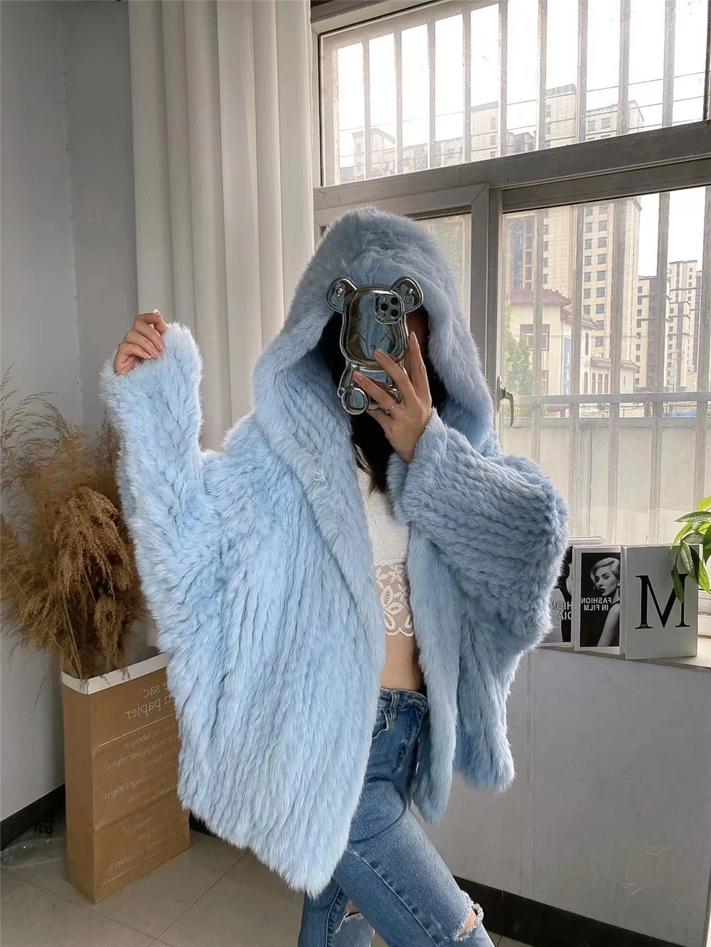 OFTBUY New Winter Women Natural Fur Jacket Women Loose Weave Quality Streetwear Hooded Long Sleeves Real Rabbit Fur Coat Female