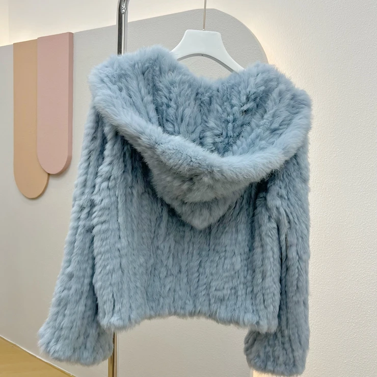 OFTBUY New Winter Women Natural Fur Jacket Women Loose Weave Quality Streetwear Hooded Long Sleeves Real Rabbit Fur Coat Female