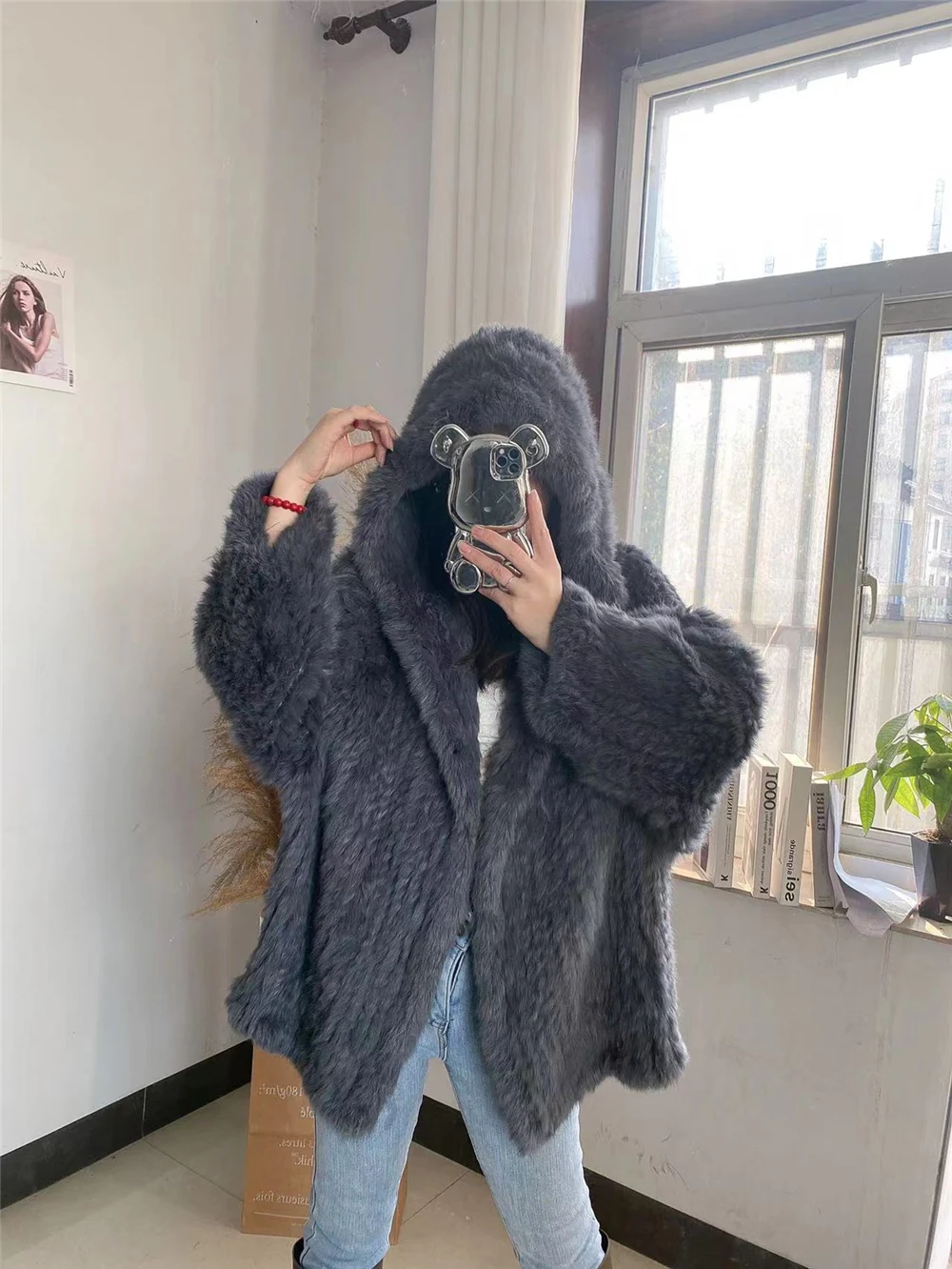 OFTBUY New Winter Women Natural Fur Jacket Women Loose Weave Quality Streetwear Hooded Long Sleeves Real Rabbit Fur Coat Female
