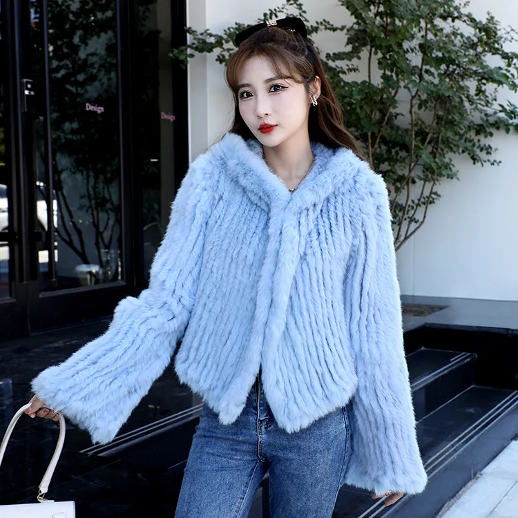 OFTBUY New Winter Women Natural Fur Jacket Women Loose Weave Quality Streetwear Hooded Long Sleeves Real Rabbit Fur Coat Female