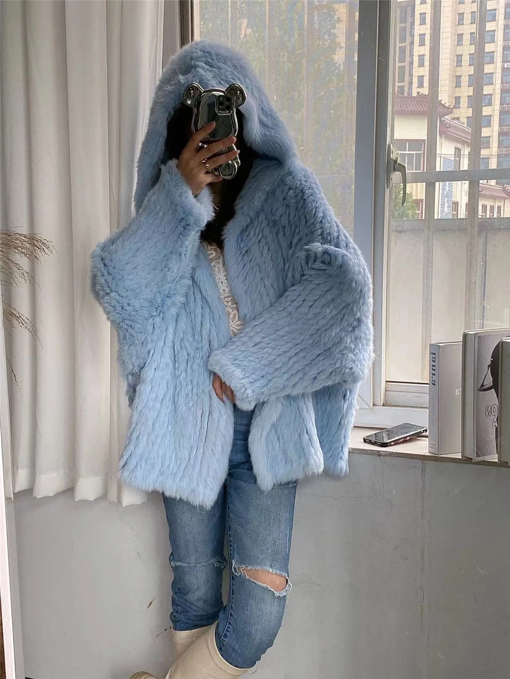 OFTBUY New Winter Women Natural Fur Jacket Women Loose Weave Quality Streetwear Hooded Long Sleeves Real Rabbit Fur Coat Female