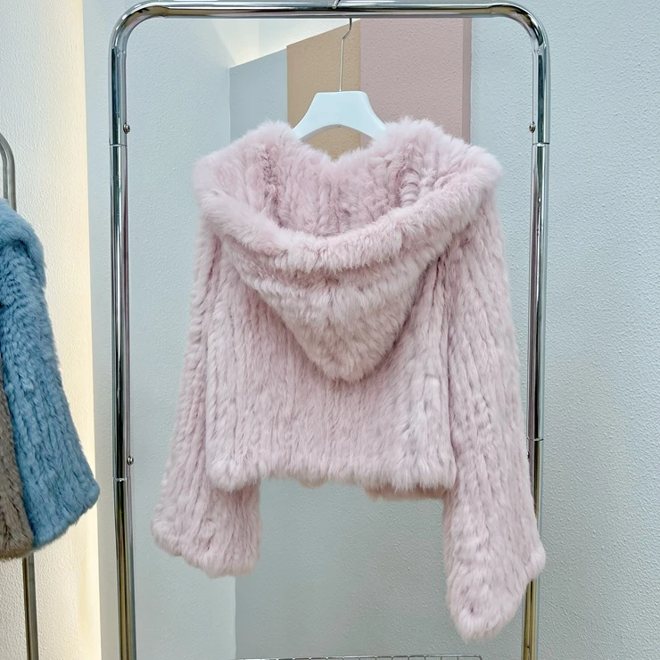 OFTBUY New Winter Women Natural Fur Jacket Women Loose Weave Quality Streetwear Hooded Long Sleeves Real Rabbit Fur Coat Female