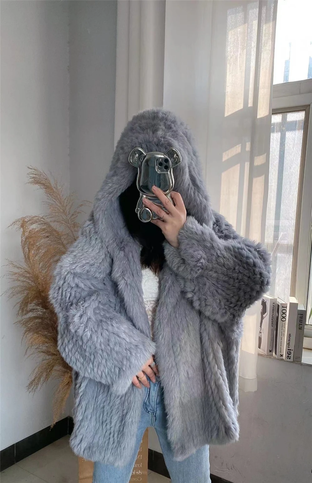 OFTBUY New Winter Women Natural Fur Jacket Women Loose Weave Quality Streetwear Hooded Long Sleeves Real Rabbit Fur Coat Female