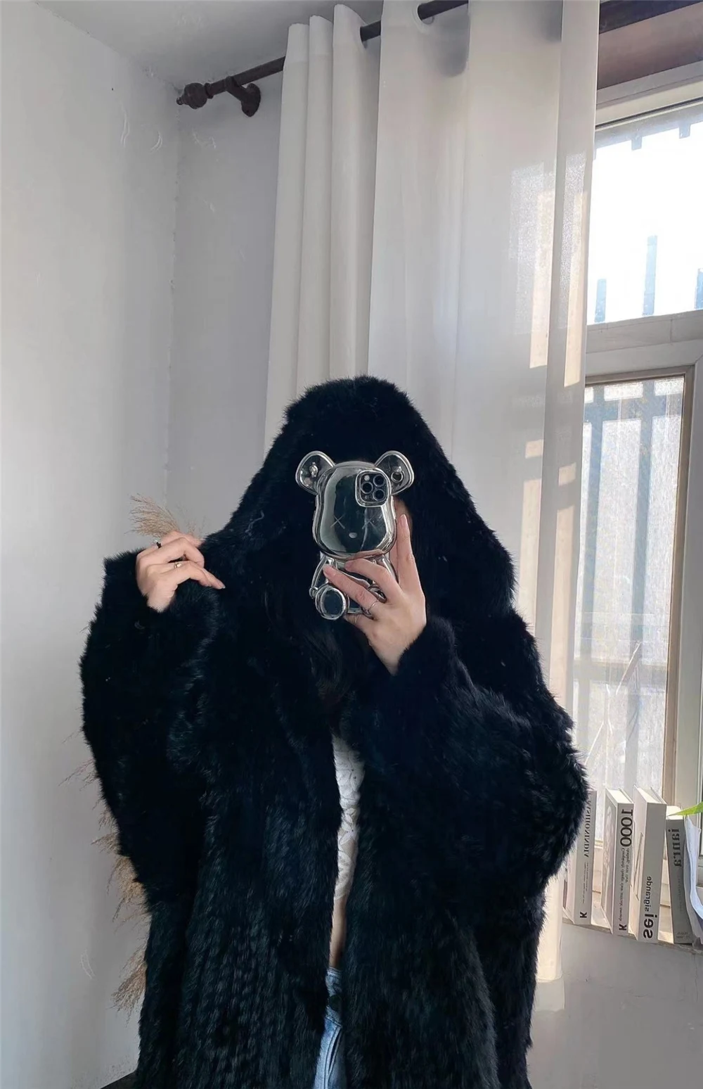 OFTBUY New Winter Women Natural Fur Jacket Women Loose Weave Quality Streetwear Hooded Long Sleeves Real Rabbit Fur Coat Female