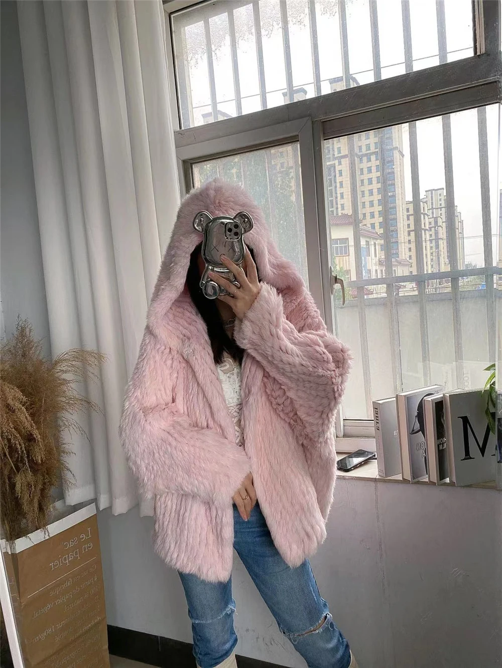 OFTBUY New Winter Women Natural Fur Jacket Women Loose Weave Quality Streetwear Hooded Long Sleeves Real Rabbit Fur Coat Female