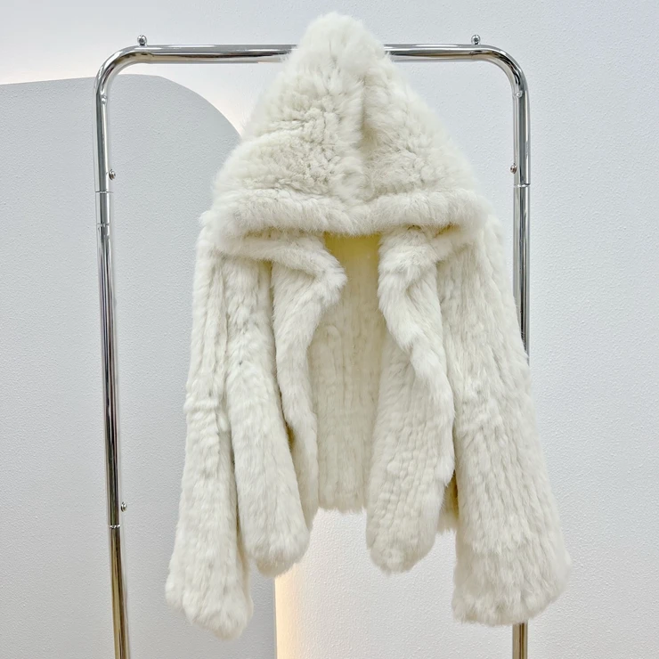 OFTBUY New Winter Women Natural Fur Jacket Women Loose Weave Quality Streetwear Hooded Long Sleeves Real Rabbit Fur Coat Female