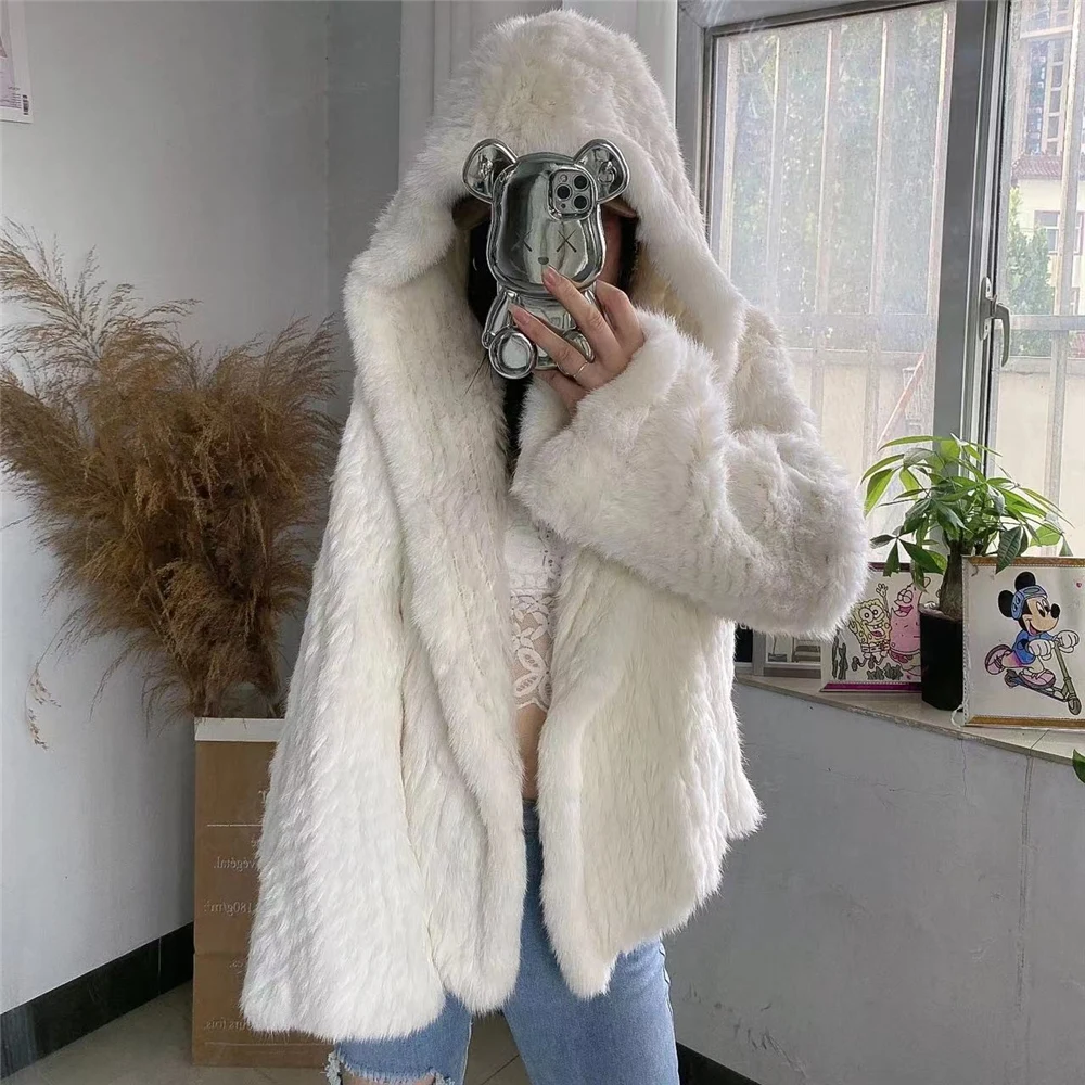 OFTBUY New Winter Women Natural Fur Jacket Women Loose Weave Quality Streetwear Hooded Long Sleeves Real Rabbit Fur Coat Female