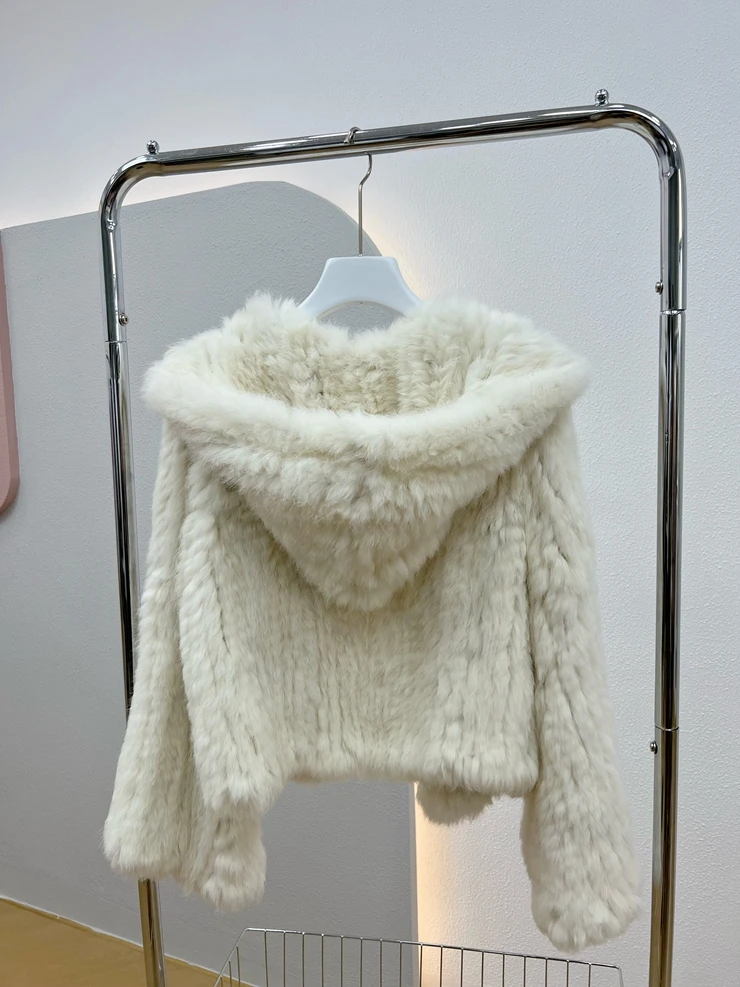 OFTBUY New Winter Women Natural Fur Jacket Women Loose Weave Quality Streetwear Hooded Long Sleeves Real Rabbit Fur Coat Female