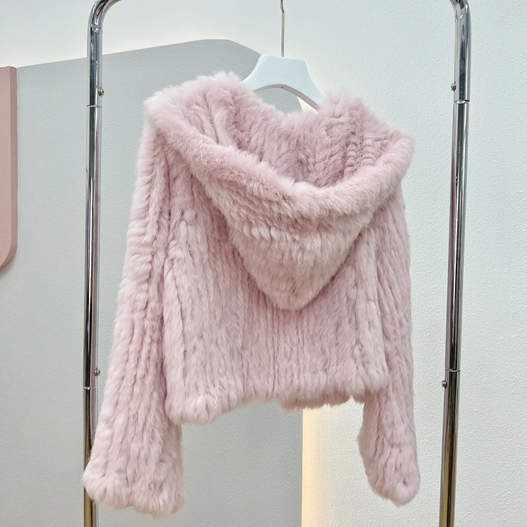 OFTBUY New Winter Women Natural Fur Jacket Women Loose Weave Quality Streetwear Hooded Long Sleeves Real Rabbit Fur Coat Female