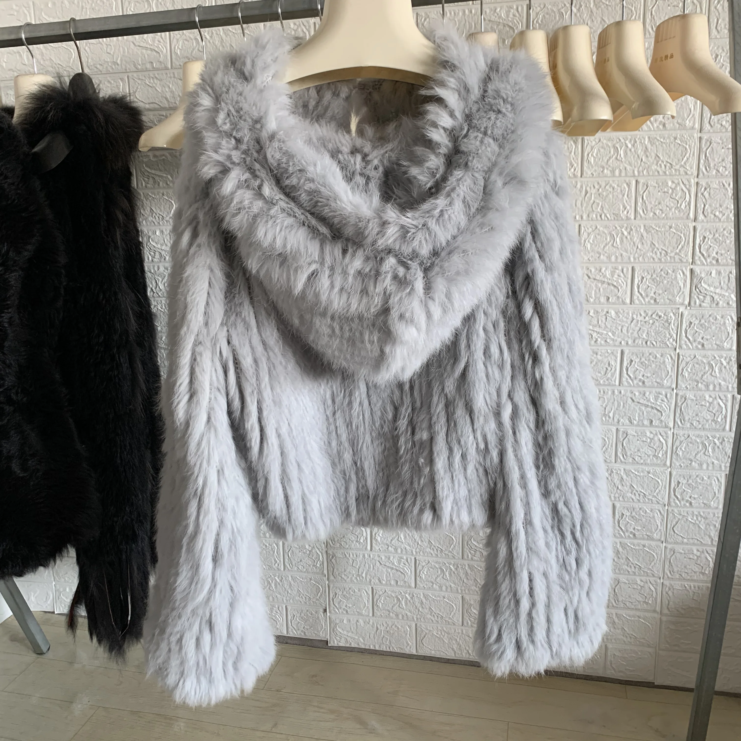 OFTBUY New Winter Women Natural Fur Jacket Women Loose Weave Quality Streetwear Hooded Long Sleeves Real Rabbit Fur Coat Female