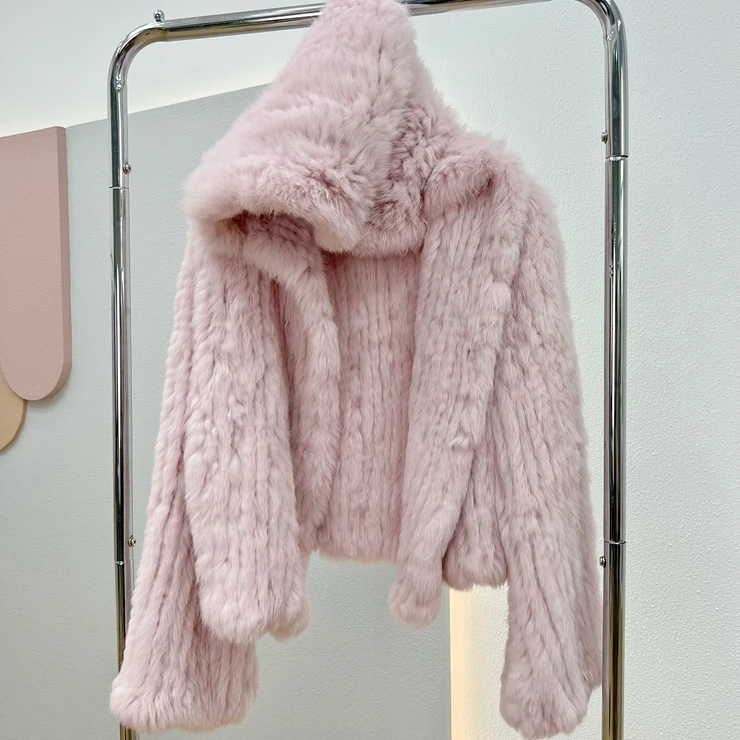 OFTBUY New Winter Women Natural Fur Jacket Women Loose Weave Quality Streetwear Hooded Long Sleeves Real Rabbit Fur Coat Female