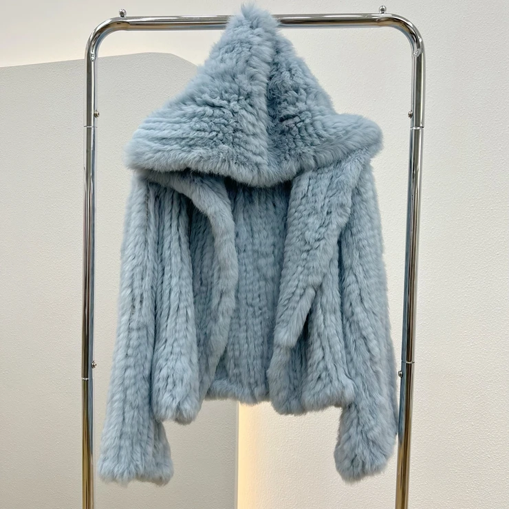 OFTBUY New Winter Women Natural Fur Jacket Women Loose Weave Quality Streetwear Hooded Long Sleeves Real Rabbit Fur Coat Female