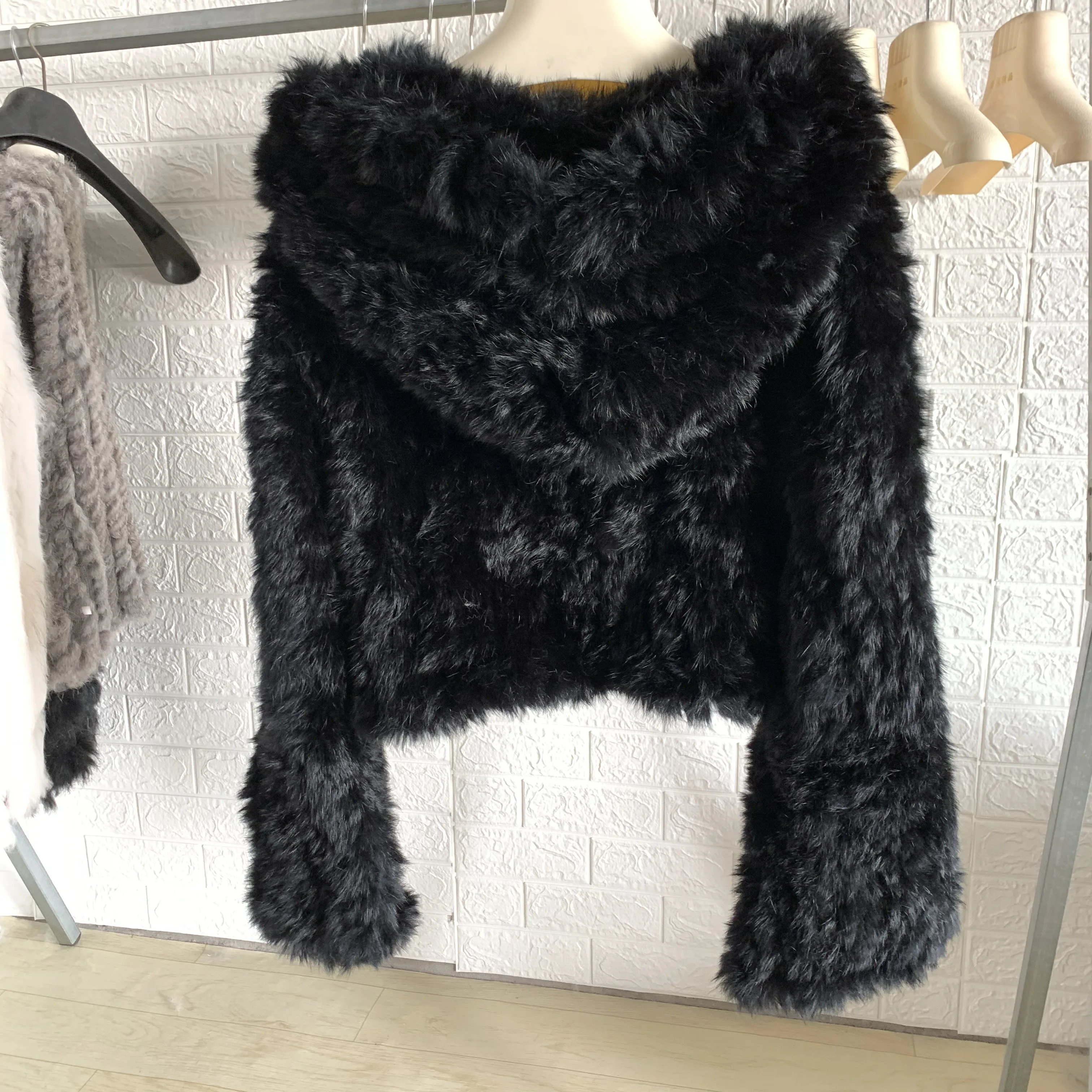 OFTBUY New Winter Women Natural Fur Jacket Women Loose Weave Quality Streetwear Hooded Long Sleeves Real Rabbit Fur Coat Female