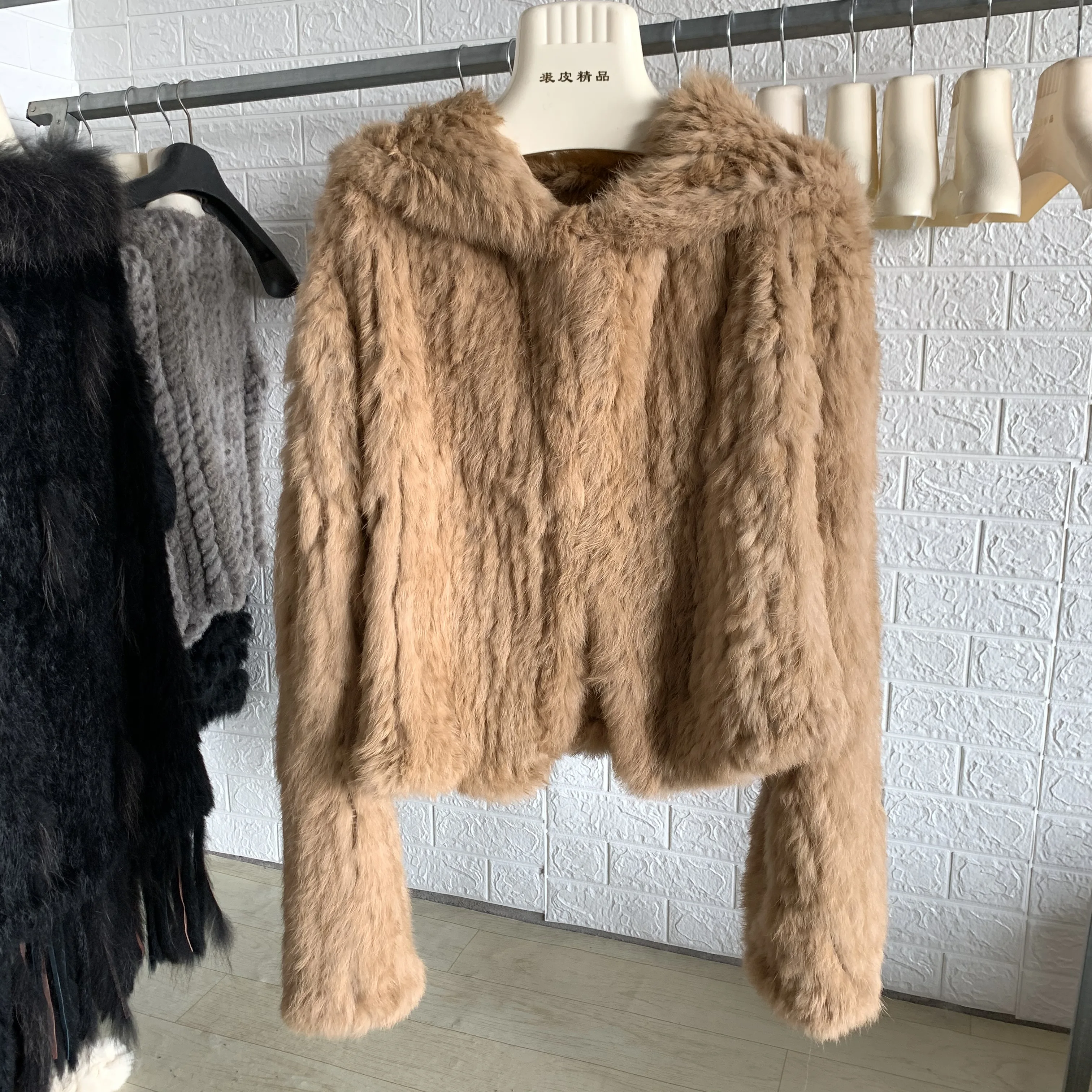 OFTBUY New Winter Women Natural Fur Jacket Women Loose Weave Quality Streetwear Hooded Long Sleeves Real Rabbit Fur Coat Female