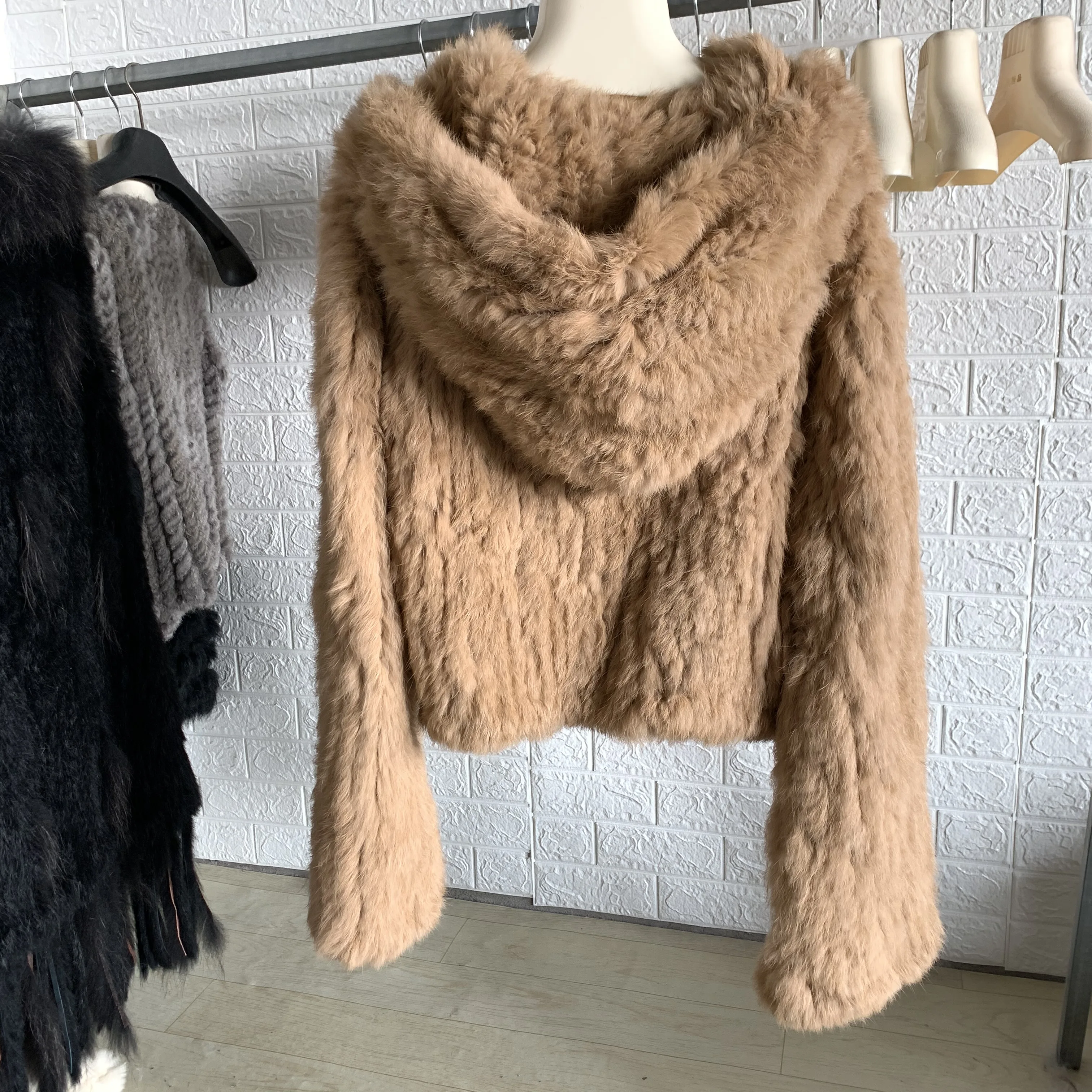 OFTBUY New Winter Women Natural Fur Jacket Women Loose Weave Quality Streetwear Hooded Long Sleeves Real Rabbit Fur Coat Female