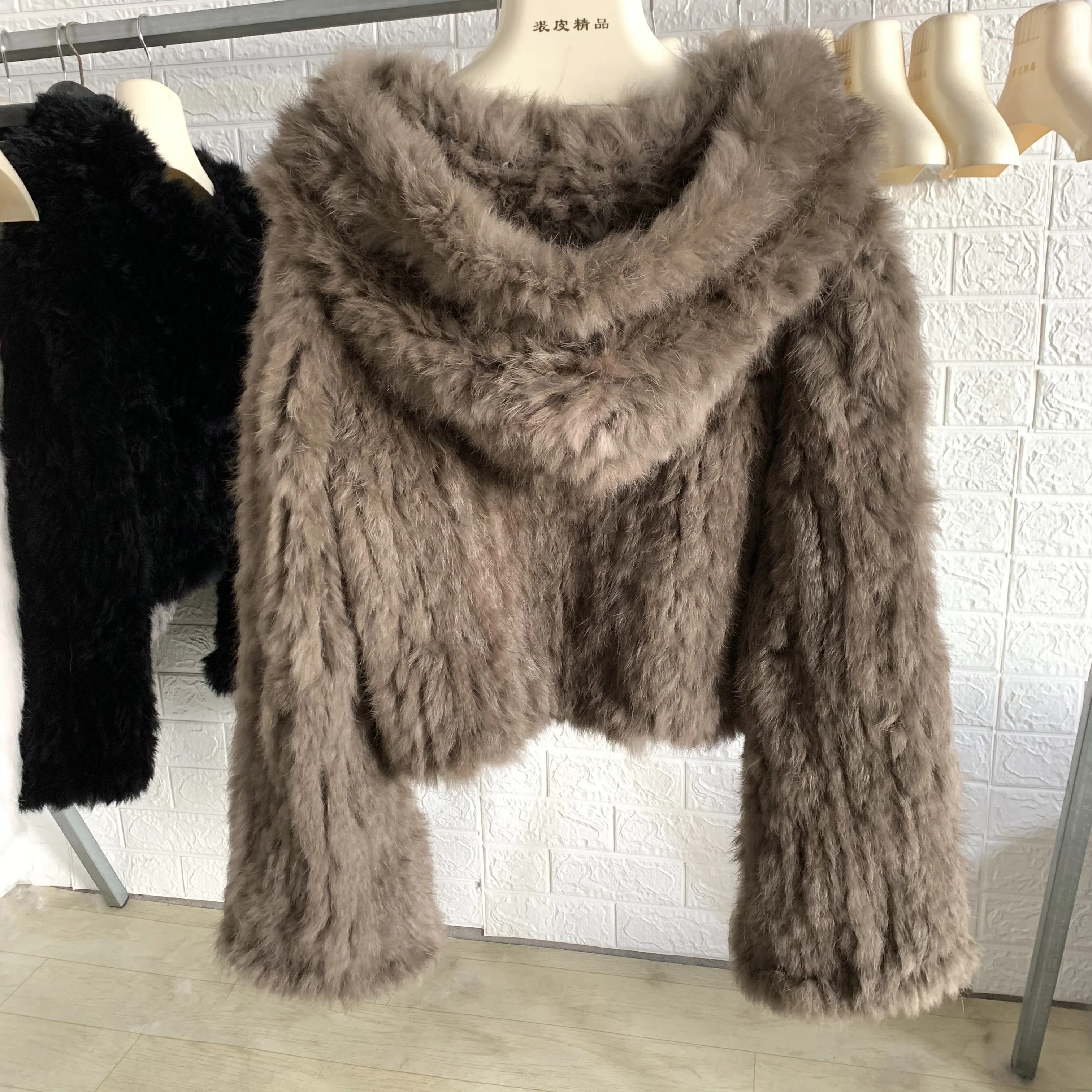 OFTBUY New Winter Women Natural Fur Jacket Women Loose Weave Quality Streetwear Hooded Long Sleeves Real Rabbit Fur Coat Female