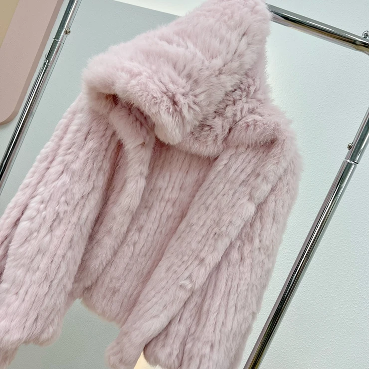 OFTBUY New Winter Women Natural Fur Jacket Women Loose Weave Quality Streetwear Hooded Long Sleeves Real Rabbit Fur Coat Female