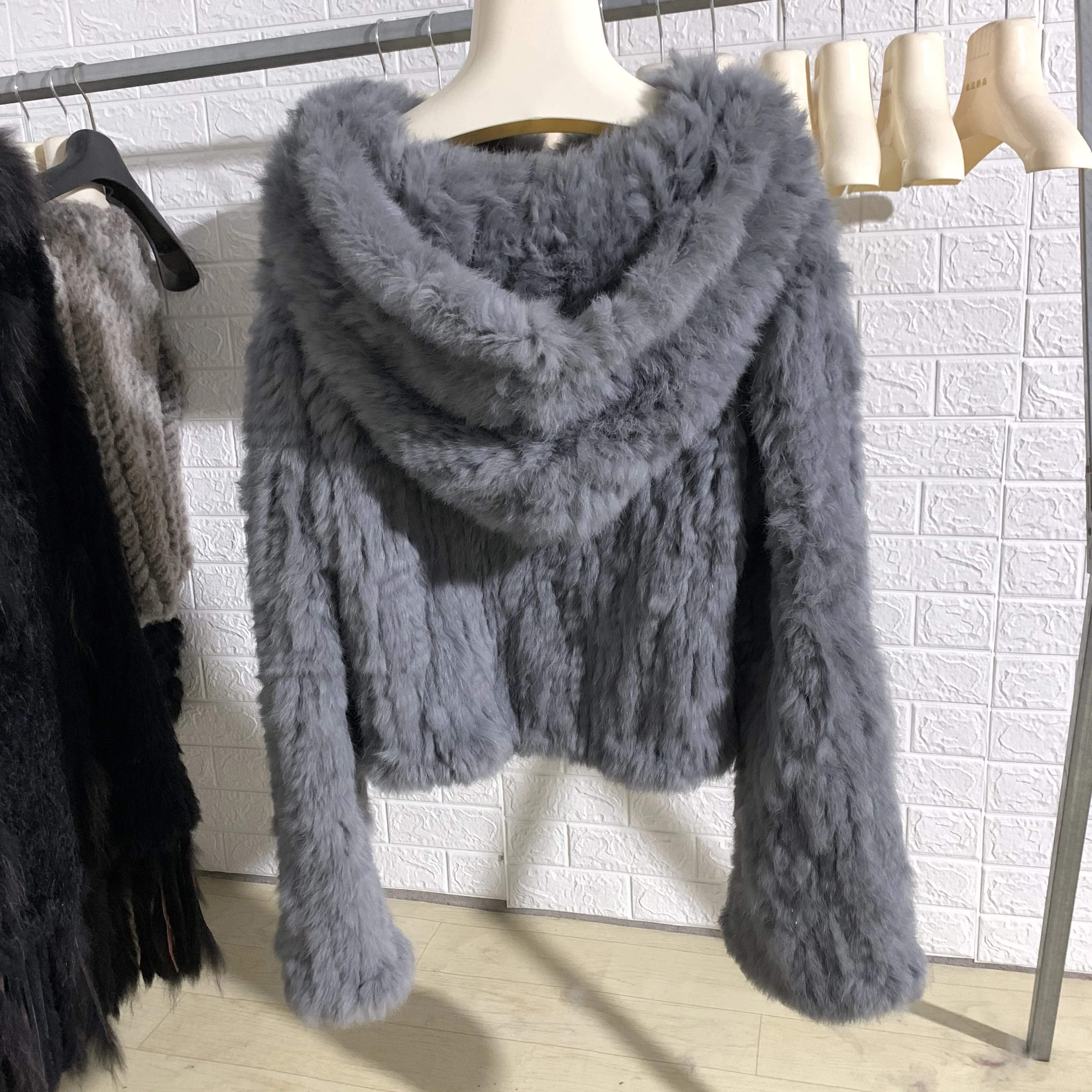 OFTBUY New Winter Women Natural Fur Jacket Women Loose Weave Quality Streetwear Hooded Long Sleeves Real Rabbit Fur Coat Female