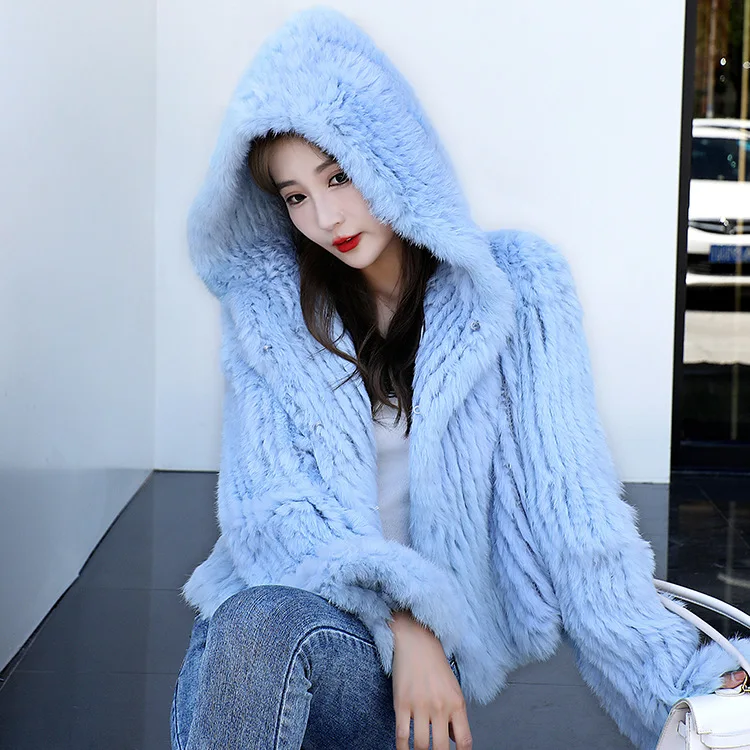 OFTBUY New Winter Women Natural Fur Jacket Women Loose Weave Quality Streetwear Hooded Long Sleeves Real Rabbit Fur Coat Female