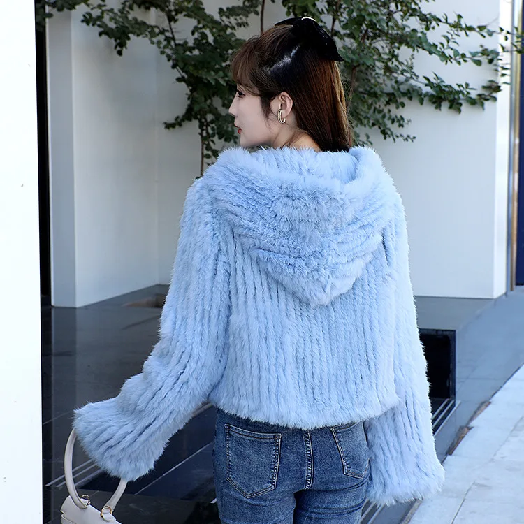 OFTBUY New Winter Women Natural Fur Jacket Women Loose Weave Quality Streetwear Hooded Long Sleeves Real Rabbit Fur Coat Female