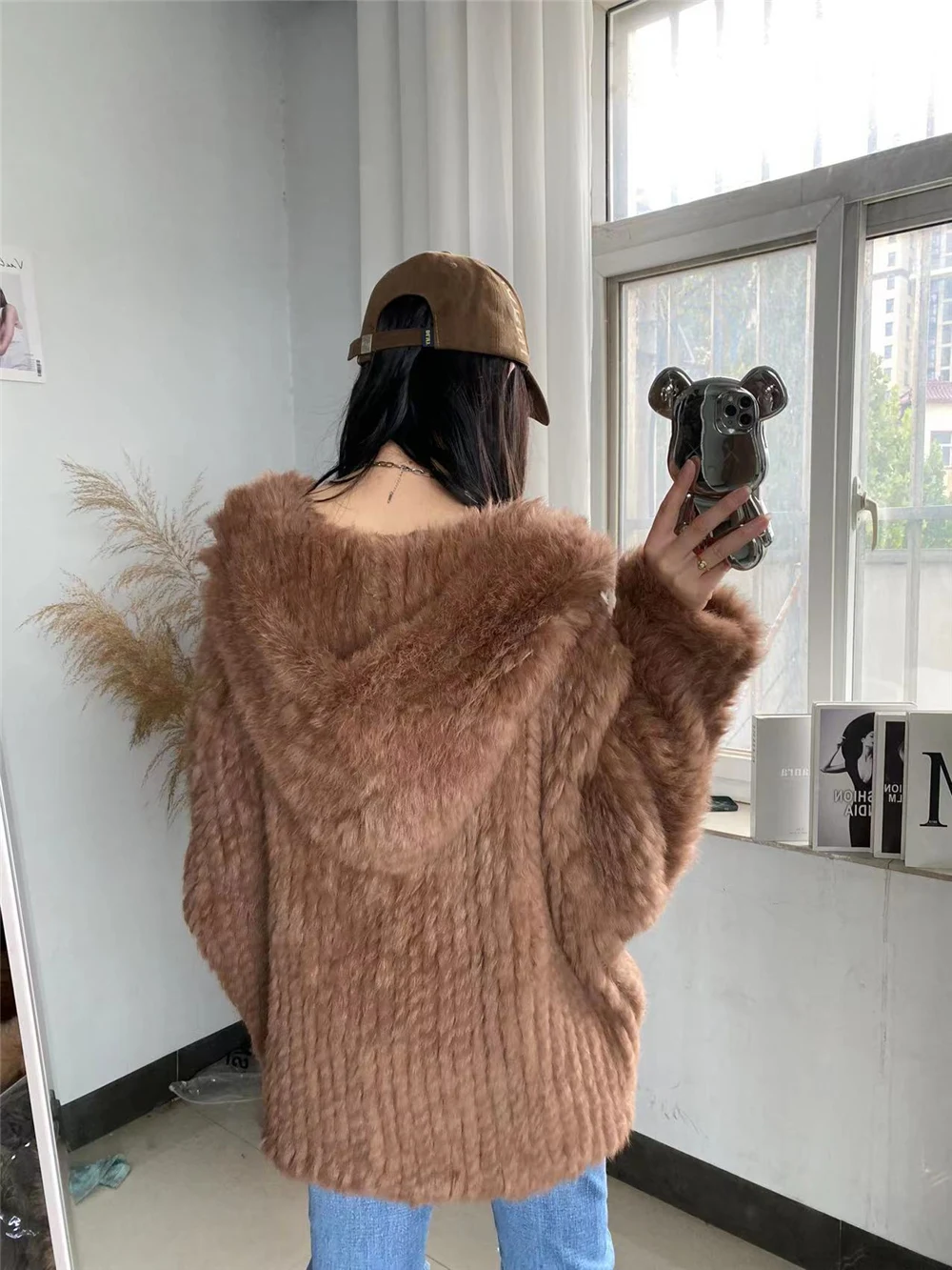 OFTBUY New Winter Women Natural Fur Jacket Women Loose Weave Quality Streetwear Hooded Long Sleeves Real Rabbit Fur Coat Female
