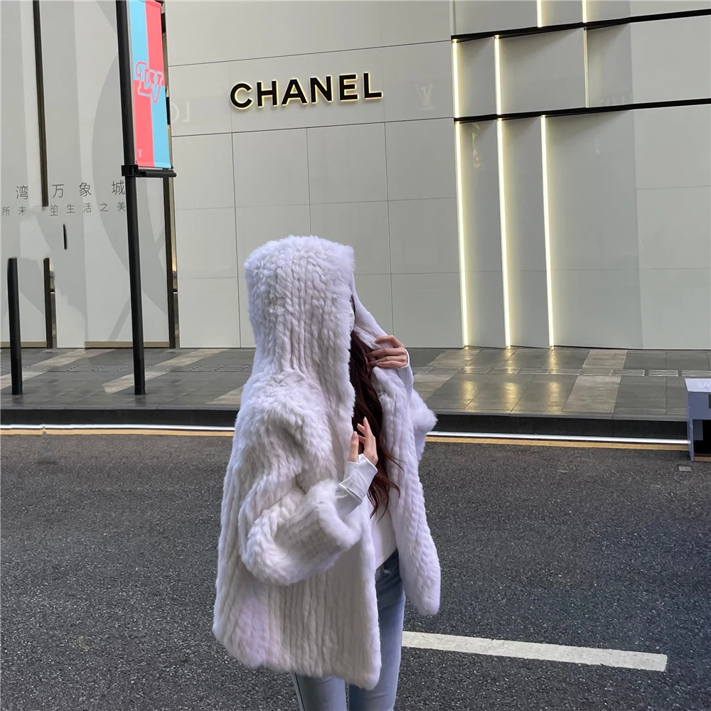 OFTBUY New Winter Women Natural Fur Jacket Women Loose Weave Quality Streetwear Hooded Long Sleeves Real Rabbit Fur Coat Female