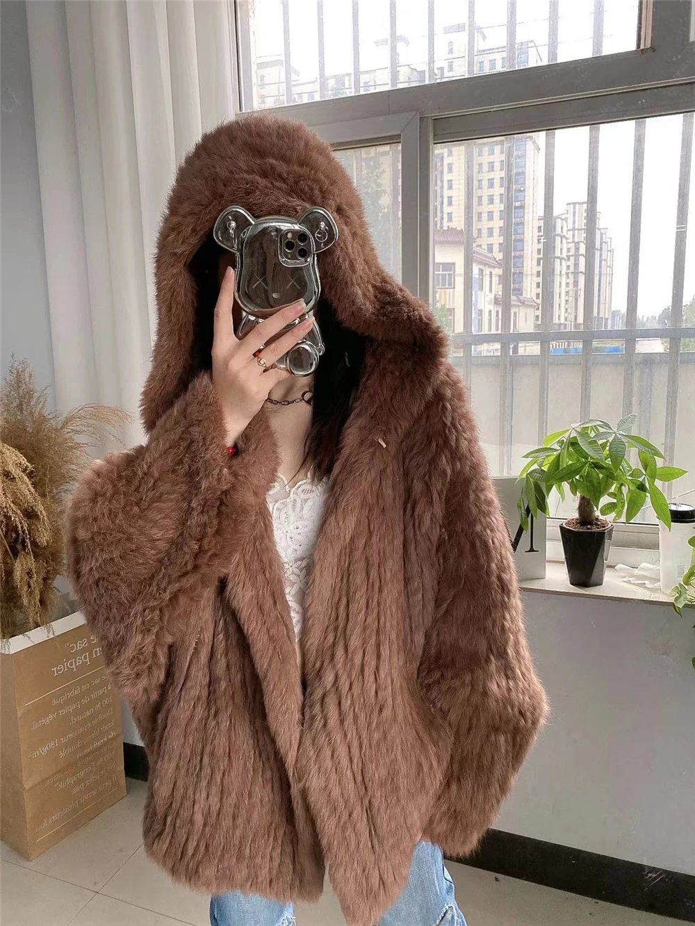 OFTBUY New Winter Women Natural Fur Jacket Women Loose Weave Quality Streetwear Hooded Long Sleeves Real Rabbit Fur Coat Female