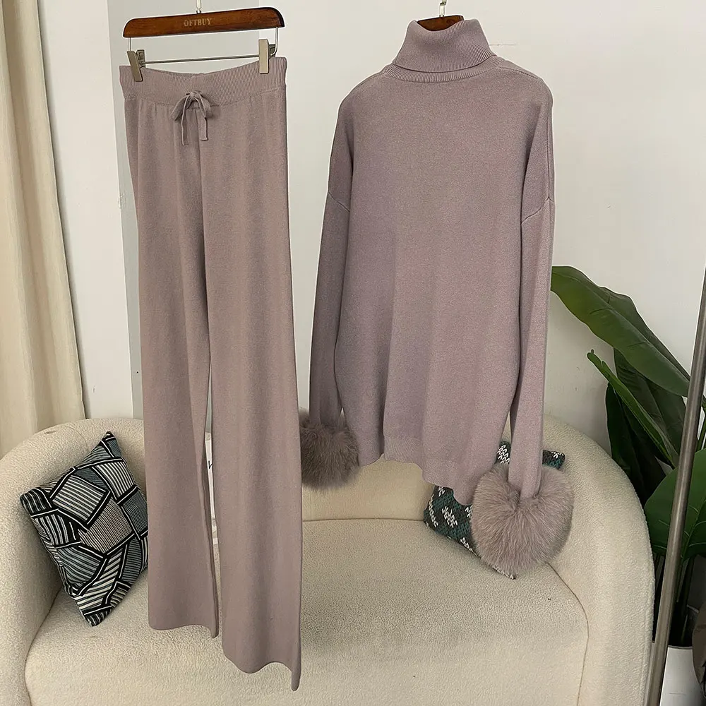 OFTBUY 2024 New Fashion Autumn Winter Natural Real Fox Fur Cuffs Coat Knitted Sweater Women Long Pants Set Jacket Thick Warm