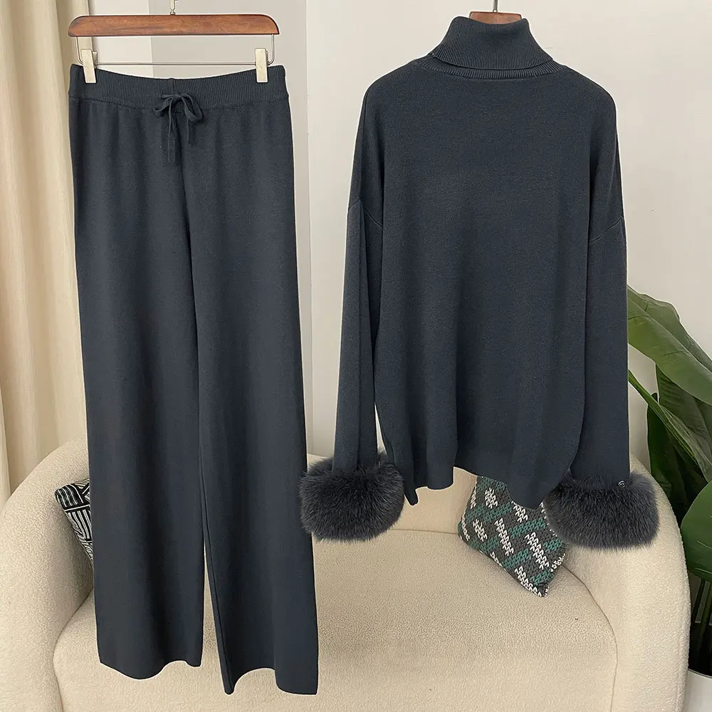OFTBUY 2024 New Fashion Autumn Winter Natural Real Fox Fur Cuffs Coat Knitted Sweater Women Long Pants Set Jacket Thick Warm