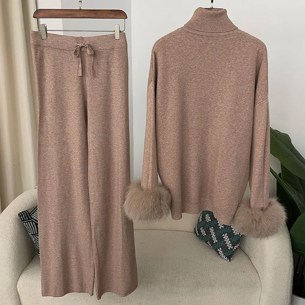 OFTBUY 2024 New Fashion Autumn Winter Natural Real Fox Fur Cuffs Coat Knitted Sweater Women Long Pants Set Jacket Thick Warm