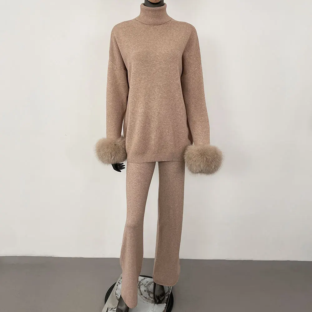 OFTBUY 2024 New Fashion Autumn Winter Natural Real Fox Fur Cuffs Coat Knitted Sweater Women Long Pants Set Jacket Thick Warm