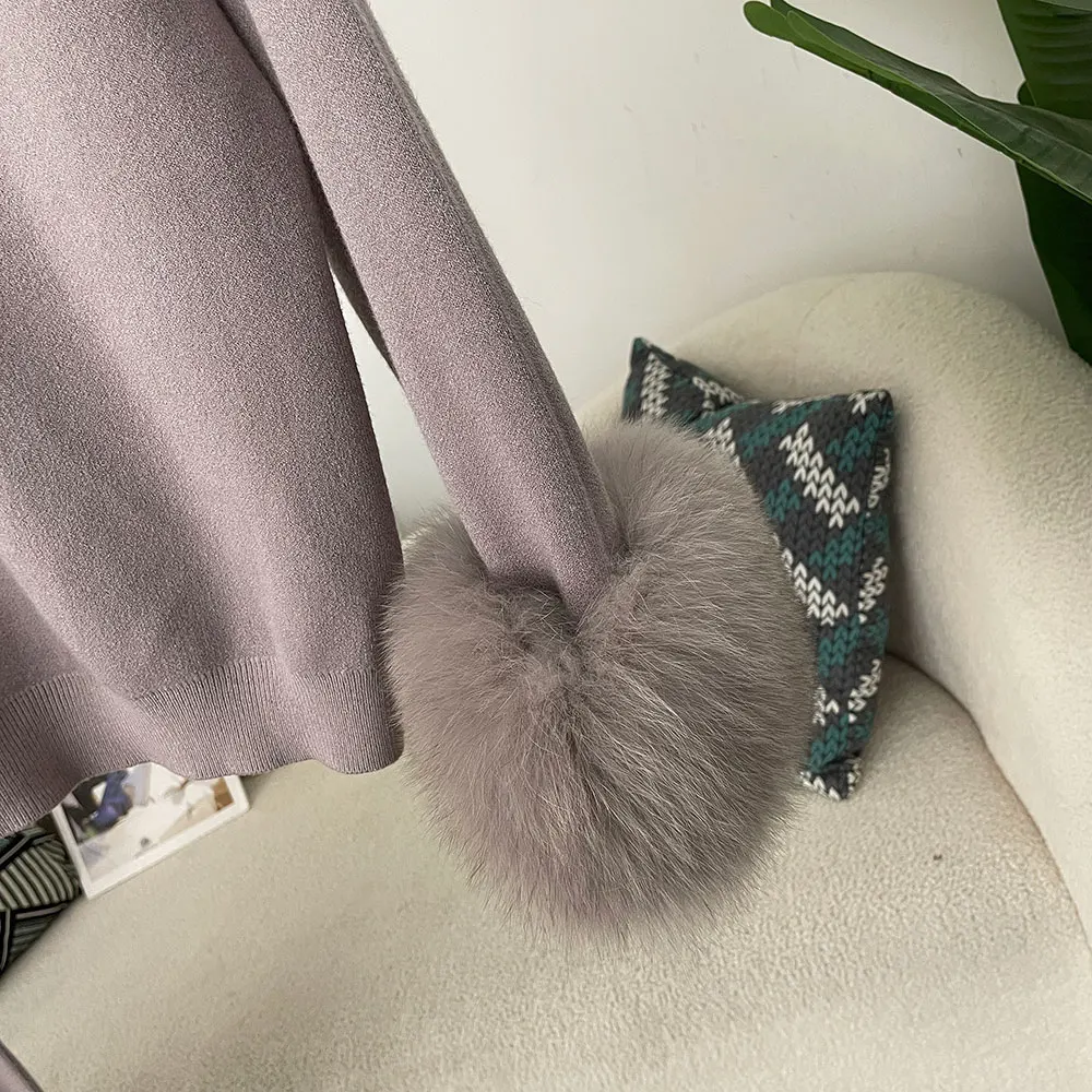 OFTBUY 2024 New Fashion Autumn Winter Natural Real Fox Fur Cuffs Coat Knitted Sweater Women Long Pants Set Jacket Thick Warm