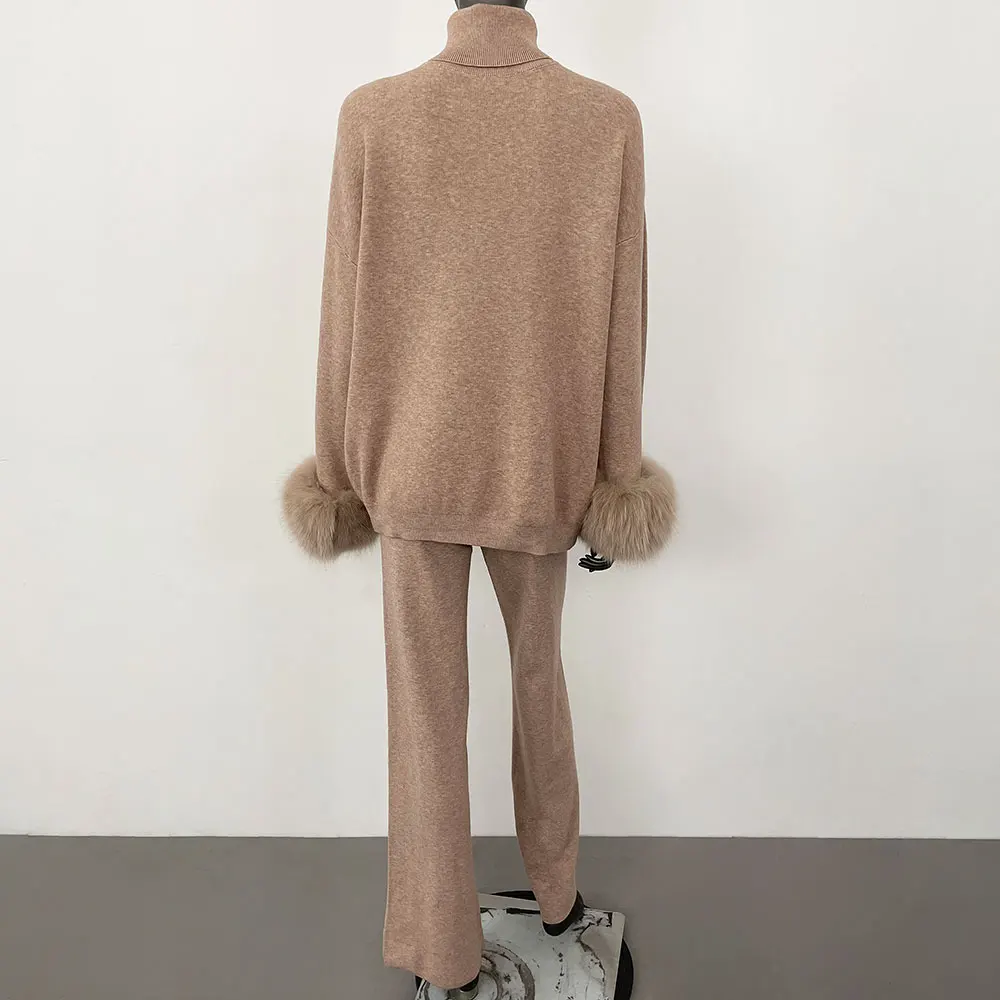 OFTBUY 2024 New Fashion Autumn Winter Natural Real Fox Fur Cuffs Coat Knitted Sweater Women Long Pants Set Jacket Thick Warm