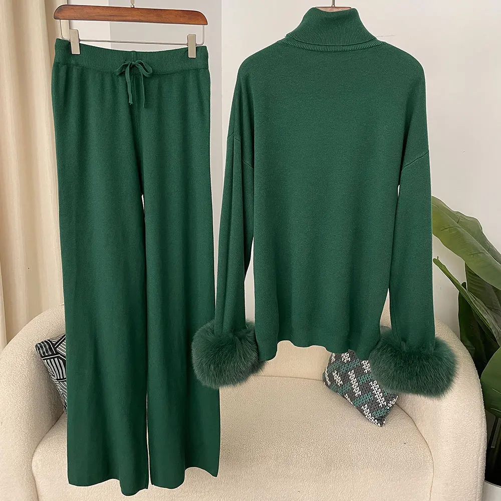 OFTBUY 2024 New Fashion Autumn Winter Natural Real Fox Fur Cuffs Coat Knitted Sweater Women Long Pants Set Jacket Thick Warm