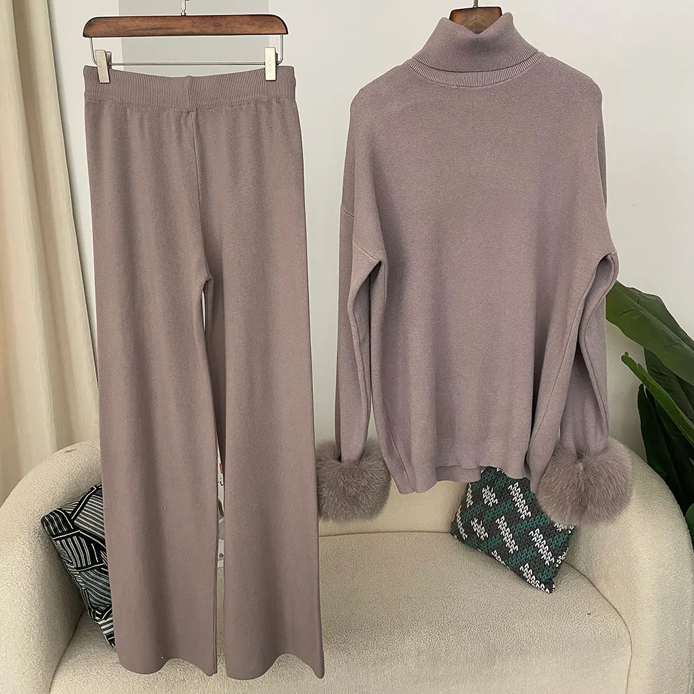 OFTBUY 2024 New Fashion Autumn Winter Natural Real Fox Fur Cuffs Coat Knitted Sweater Women Long Pants Set Jacket Thick Warm