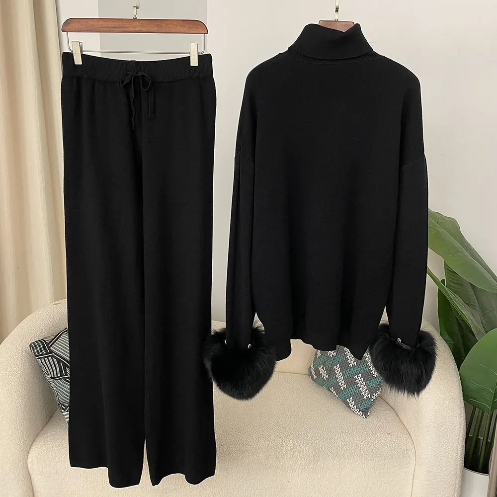 OFTBUY 2024 New Fashion Autumn Winter Natural Real Fox Fur Cuffs Coat Knitted Sweater Women Long Pants Set Jacket Thick Warm