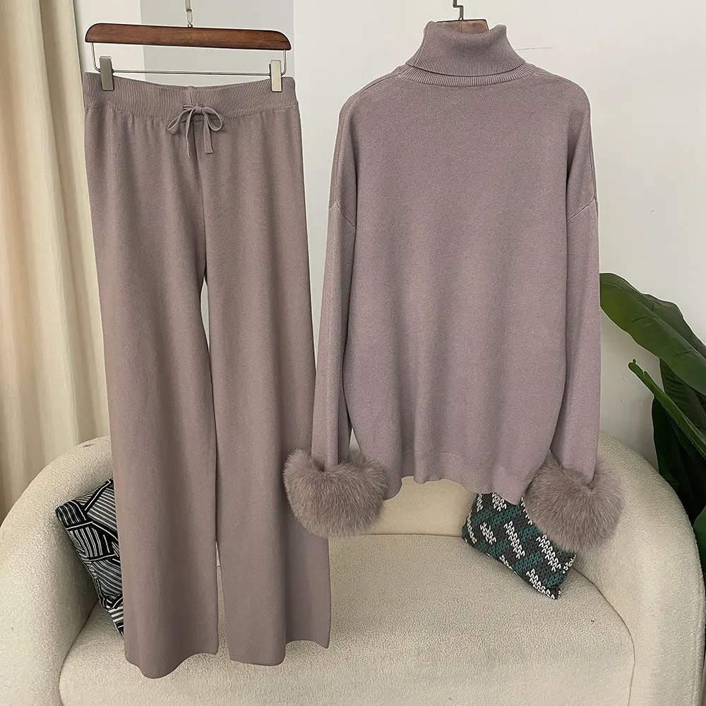 OFTBUY 2024 New Fashion Autumn Winter Natural Real Fox Fur Cuffs Coat Knitted Sweater Women Long Pants Set Jacket Thick Warm