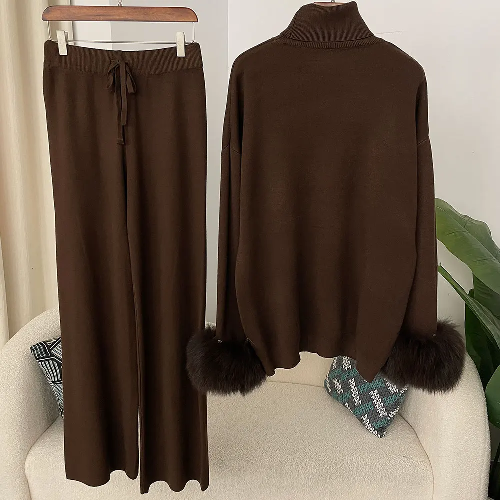 OFTBUY 2024 New Fashion Autumn Winter Natural Real Fox Fur Cuffs Coat Knitted Sweater Women Long Pants Set Jacket Thick Warm