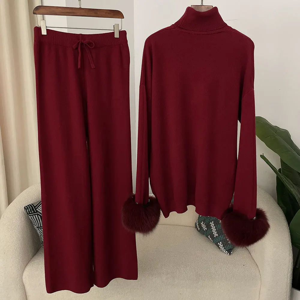 OFTBUY 2024 New Fashion Autumn Winter Natural Real Fox Fur Cuffs Coat Knitted Sweater Women Long Pants Set Jacket Thick Warm