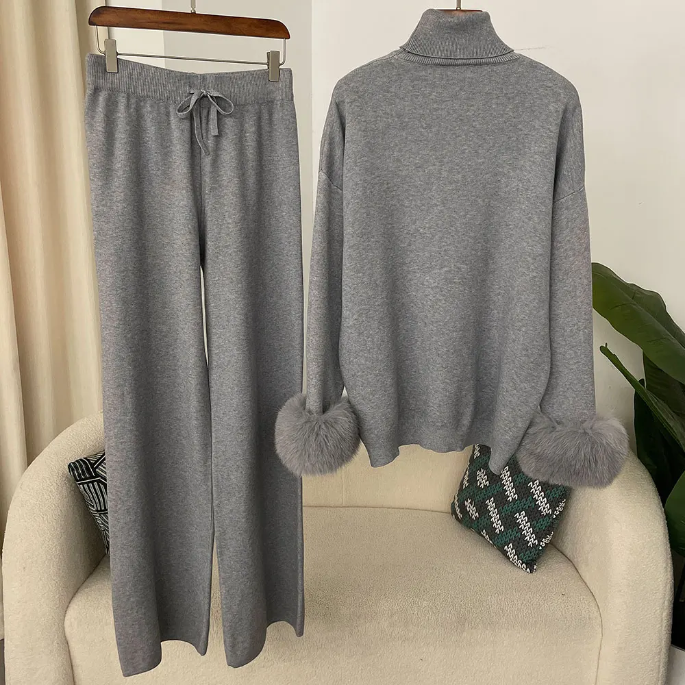 OFTBUY 2024 New Fashion Autumn Winter Natural Real Fox Fur Cuffs Coat Knitted Sweater Women Long Pants Set Jacket Thick Warm