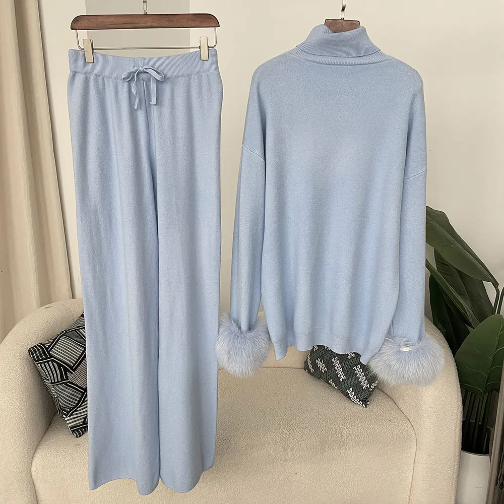 OFTBUY 2024 New Fashion Autumn Winter Natural Real Fox Fur Cuffs Coat Knitted Sweater Women Long Pants Set Jacket Thick Warm