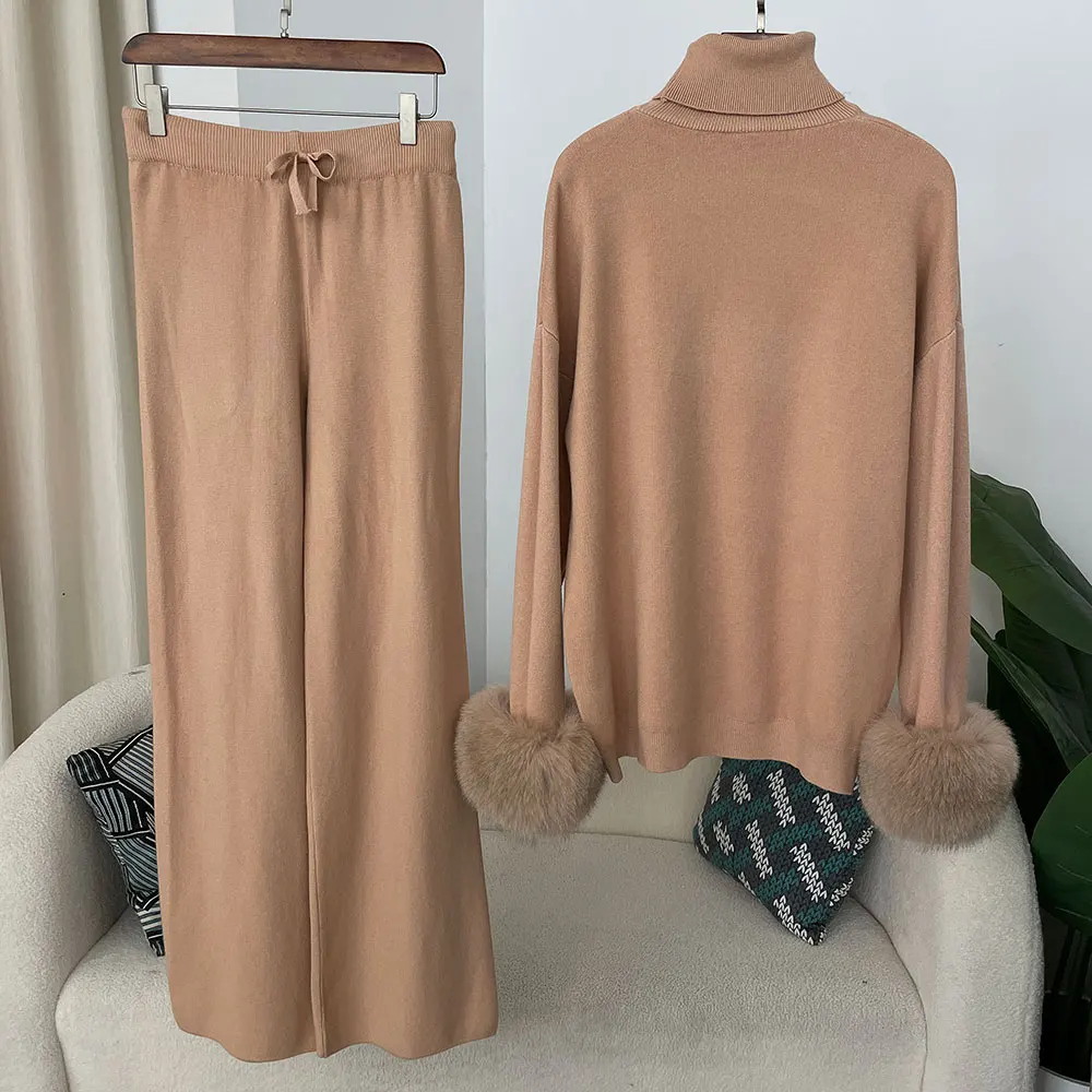 OFTBUY 2024 New Fashion Autumn Winter Natural Real Fox Fur Cuffs Coat Knitted Sweater Women Long Pants Set Jacket Thick Warm