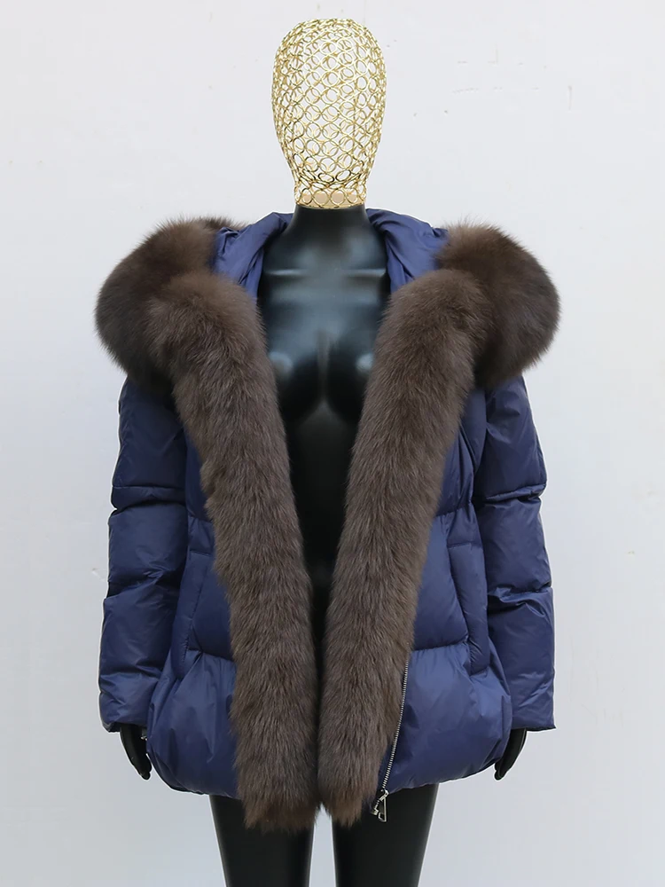 Fashion Outerwear Luxury 20234Winter Women Coat White Duck Down Jacket Super Large Real Silver Fox Fur Hooded Collar with Knit S