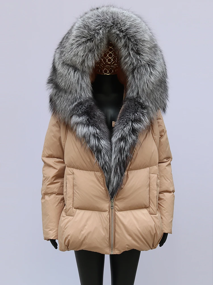 Fashion Outerwear Luxury 20234Winter Women Coat White Duck Down Jacket Super Large Real Silver Fox Fur Hooded Collar with Knit S