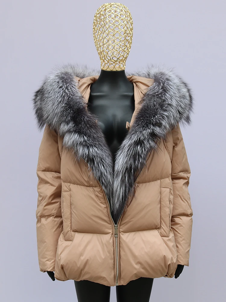 Fashion Outerwear Luxury 20234Winter Women Coat White Duck Down Jacket Super Large Real Silver Fox Fur Hooded Collar with Knit S