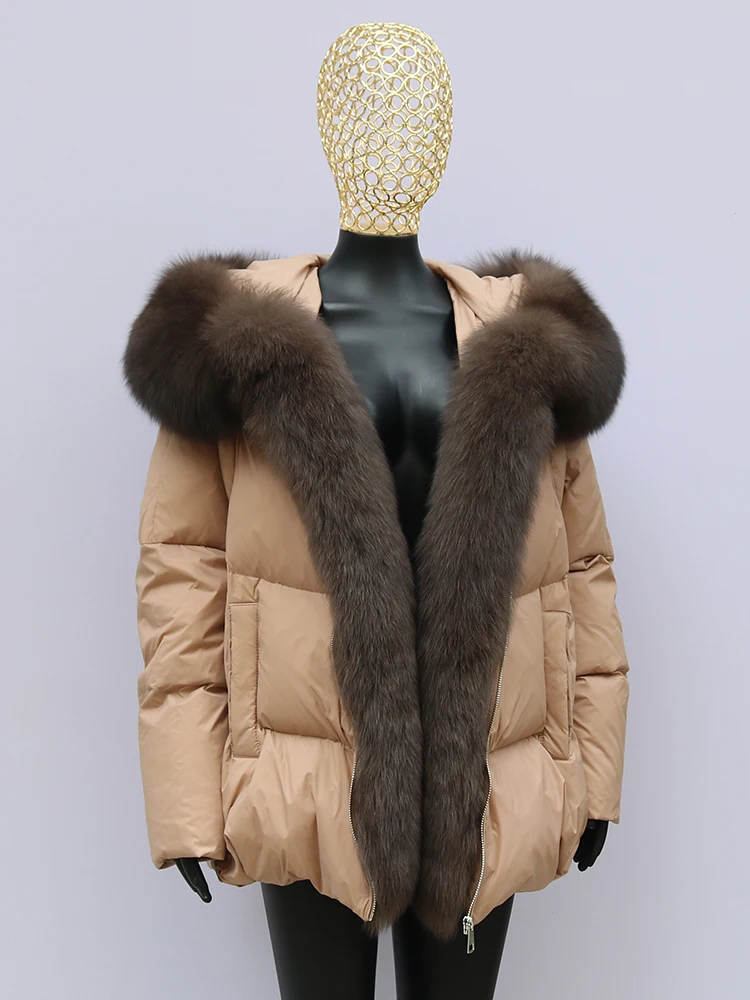 Fashion Outerwear Luxury 20234Winter Women Coat White Duck Down Jacket Super Large Real Silver Fox Fur Hooded Collar with Knit S
