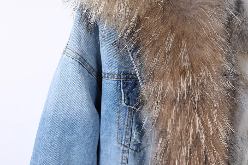 2025Maomaokong Denim Jacket Parka Winter Women Parkas Real Fur Collar Coat Natural Raccoon Fur Hood Real Rabbit Fur Liner Luxury