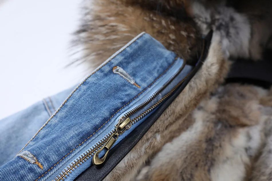 2025Maomaokong Denim Jacket Parka Winter Women Parkas Real Fur Collar Coat Natural Raccoon Fur Hood Real Rabbit Fur Liner Luxury