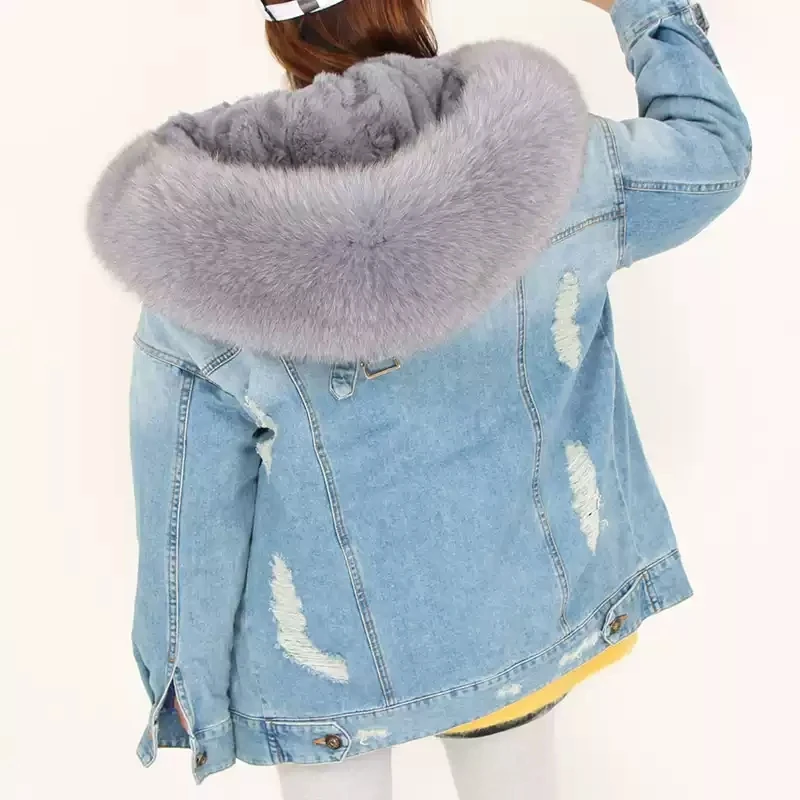 2025Maomaokong Denim Jacket Parka Winter Women Parkas Real Fur Collar Coat Natural Raccoon Fur Hood Real Rabbit Fur Liner Luxury