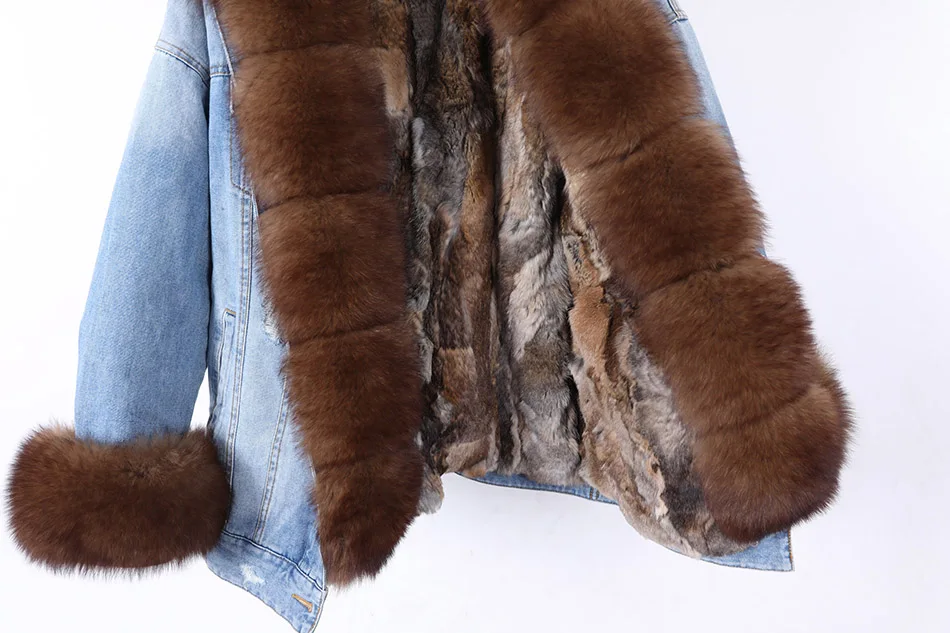 2025Maomaokong Denim Jacket Parka Winter Women Parkas Real Fur Collar Coat Natural Raccoon Fur Hood Real Rabbit Fur Liner Luxury